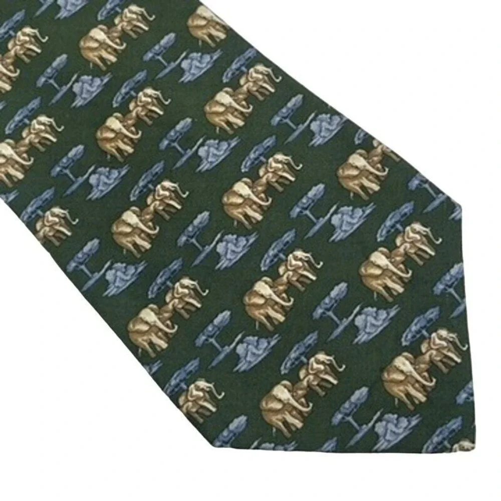 Banana Republic Italy Necktie Oliver Green‎ Novelty Elephants Print 4